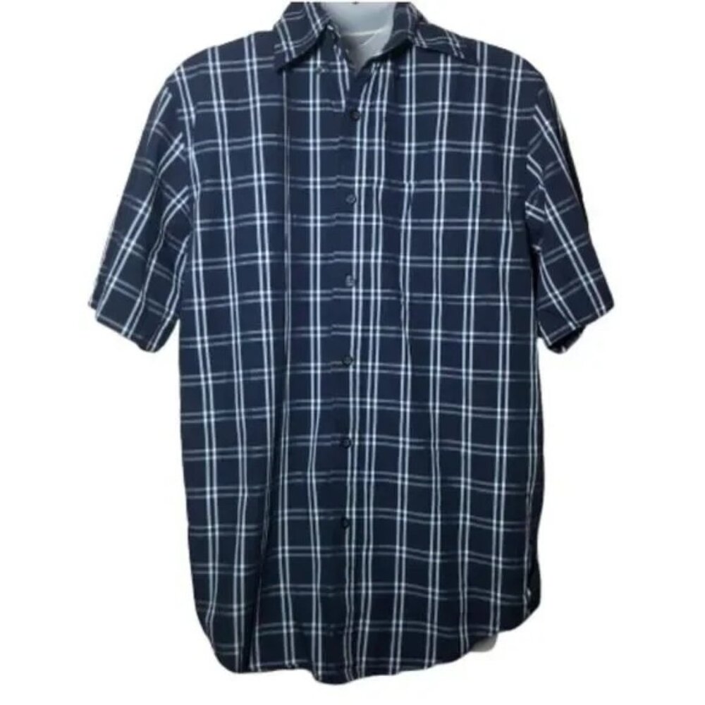 BASIC EDITIONS MEN'S SHORT SLEEVE NAVY BLUE/WHITE‎ PLAID BUTTON DOWN SHIRT SMALL